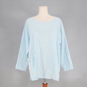 CAMILLE & CO. 100% Linen Relaxed Fit Tunic Top Button Detail Light Blue Size S